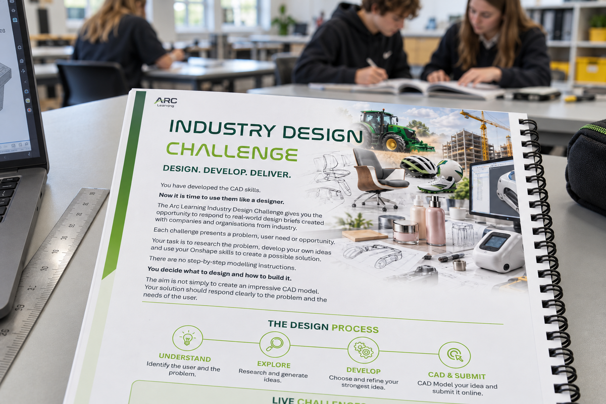Industry Design Challenge workbook in a classroom